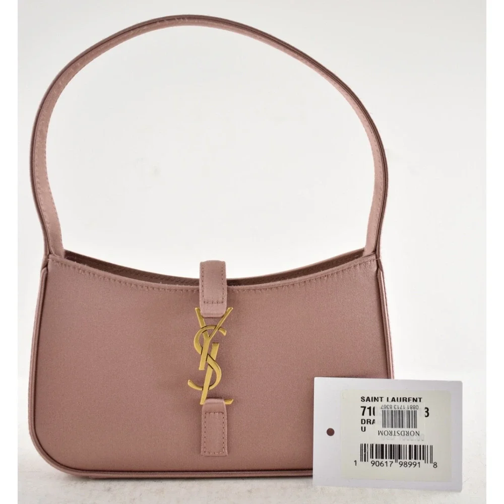 Saint Laurent Mini Le 5 A 7 Hobo Dragee Pink Satin Gold YSL Logo Top Handle Bag - Picture 4 of 16